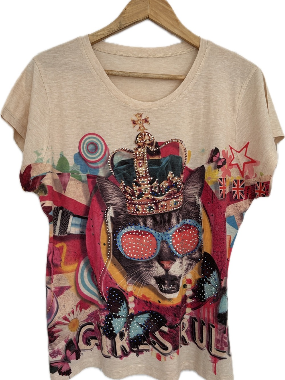 Graphic Cat Crown Tee - Beige